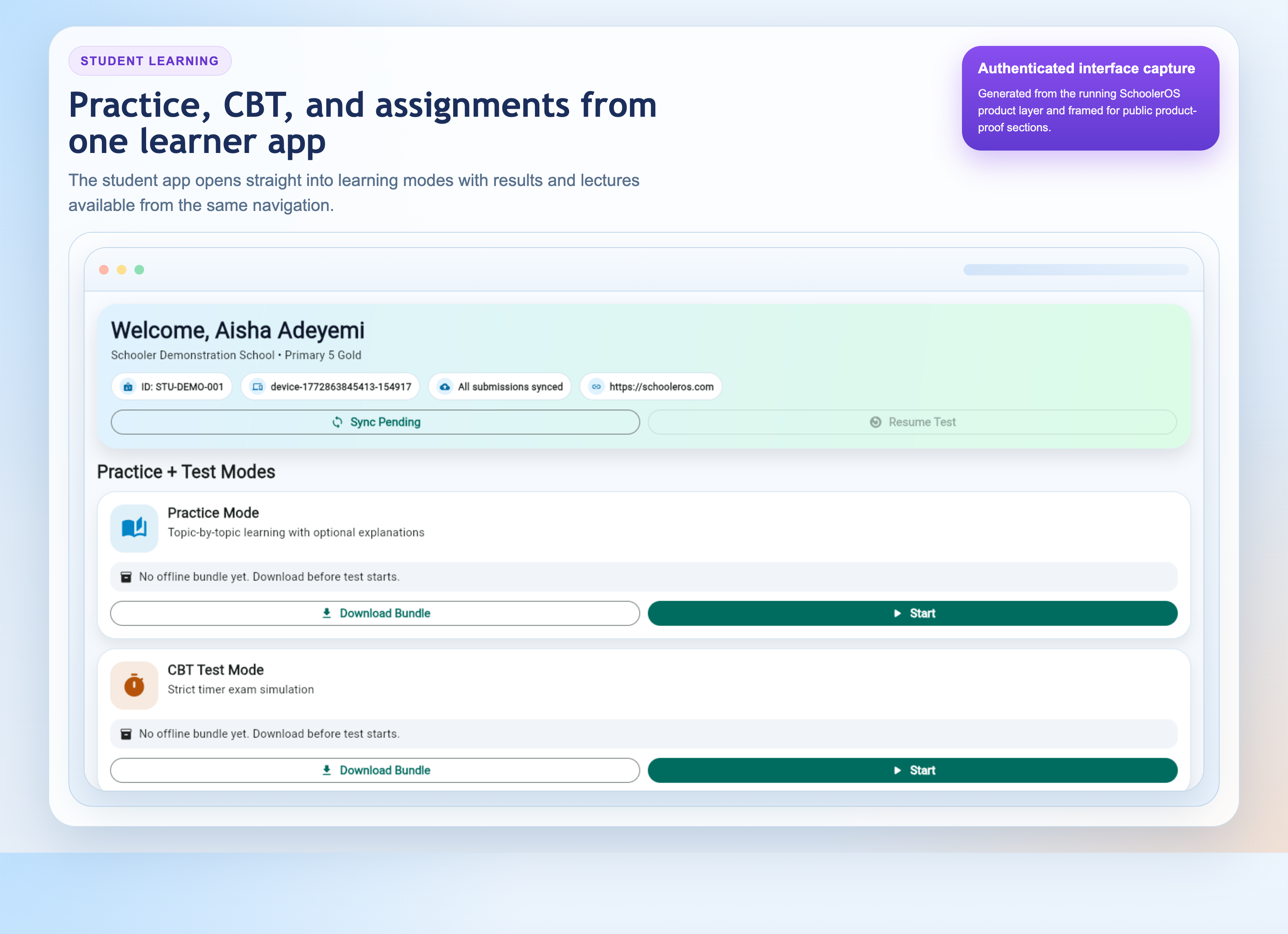 SchoolerOS student learning app preview